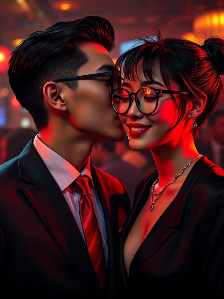 Stylish Asian Couple Share a Romantic Moment in a Dimly Lit ...