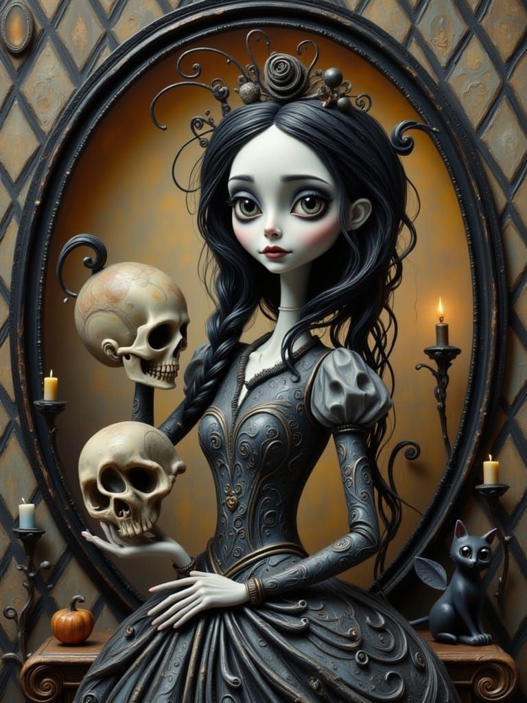 Wednesday Addams with Jack's Skull in Gothic Frame