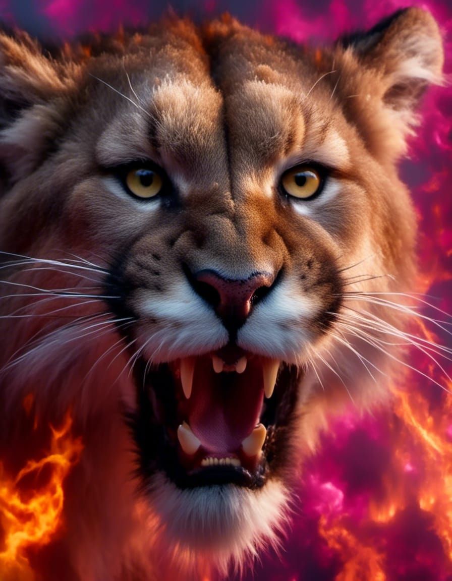 Roaring Mountain Lion Portrait with Flames