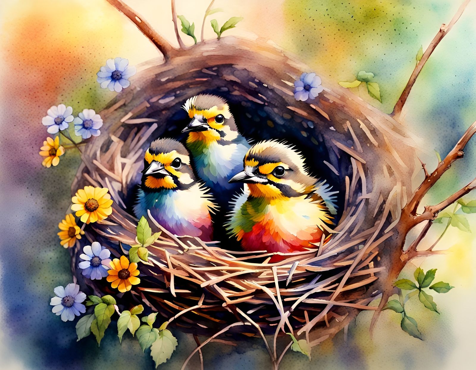 Baby Birds in Nest: Folk Art Watercolor