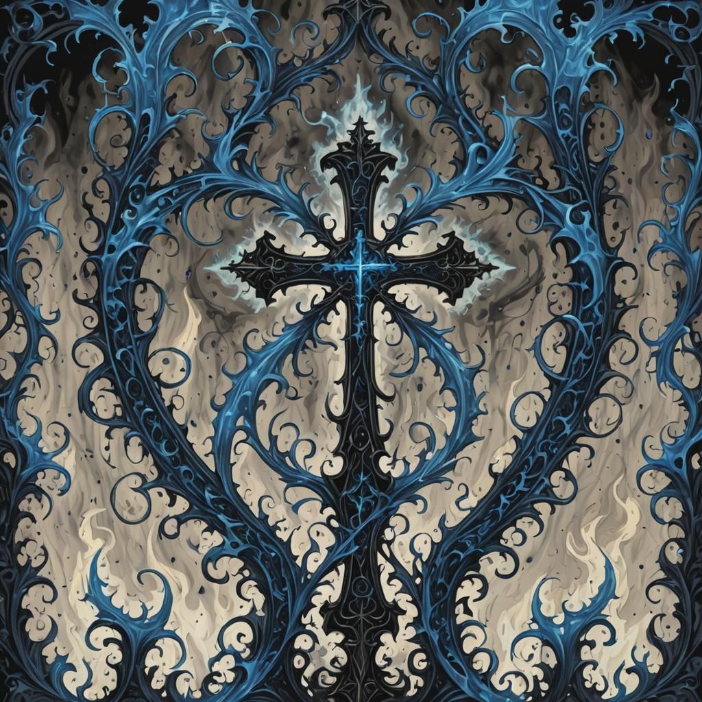 Gothic Cross of Swirling Blue Flames in Void