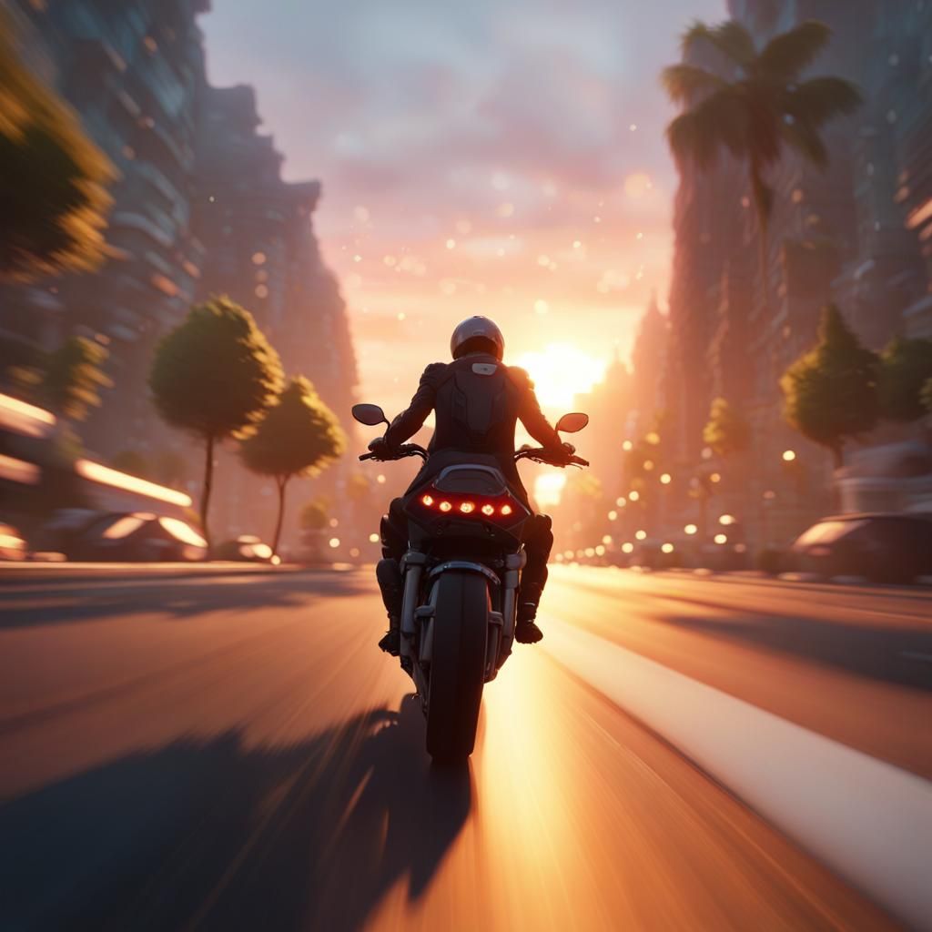 Motorcycle Sunset Ride: Dynamic 3D Anime Art