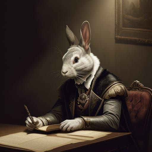 Regal Rabbit Author in Moonlit Study - Historical Drama Pain...