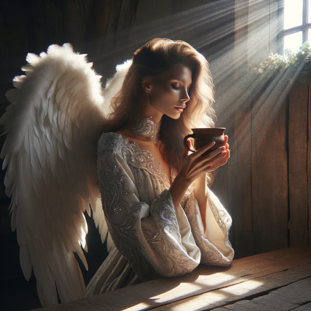 Angel Enjoys Morning Coffee in Warm Sunlight