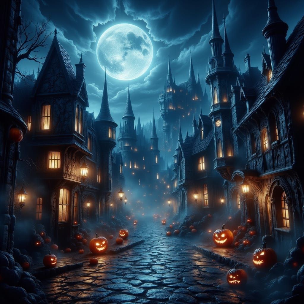 Eerie Halloween Village Scene in Moonlight