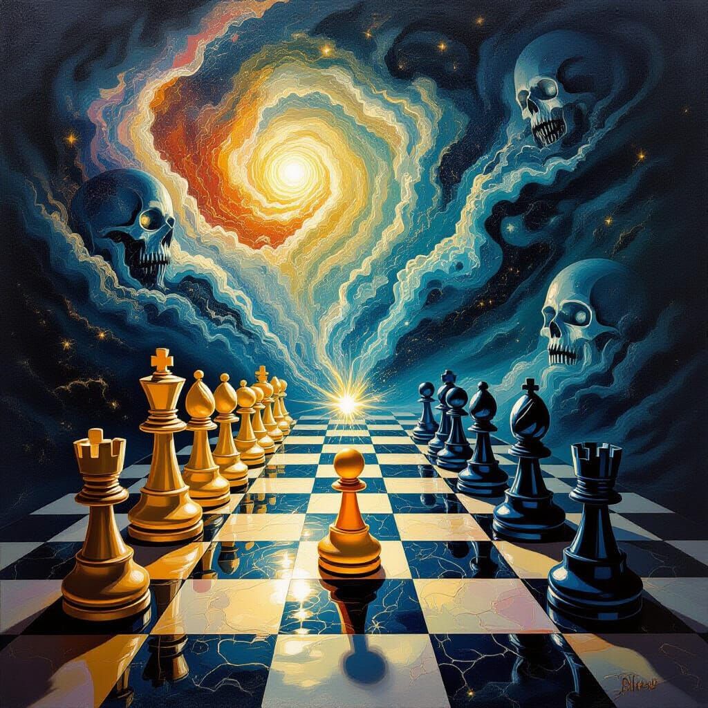 Cosmic Chess Match: Life vs Entropy in Dalí-Bosch Style