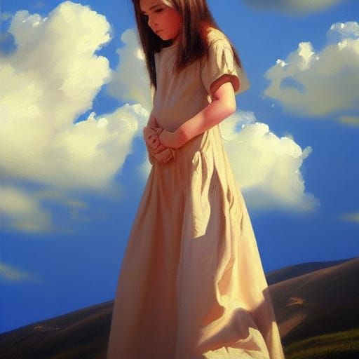 Ethereal Cloud Girl Portrait in Oil Paint Style