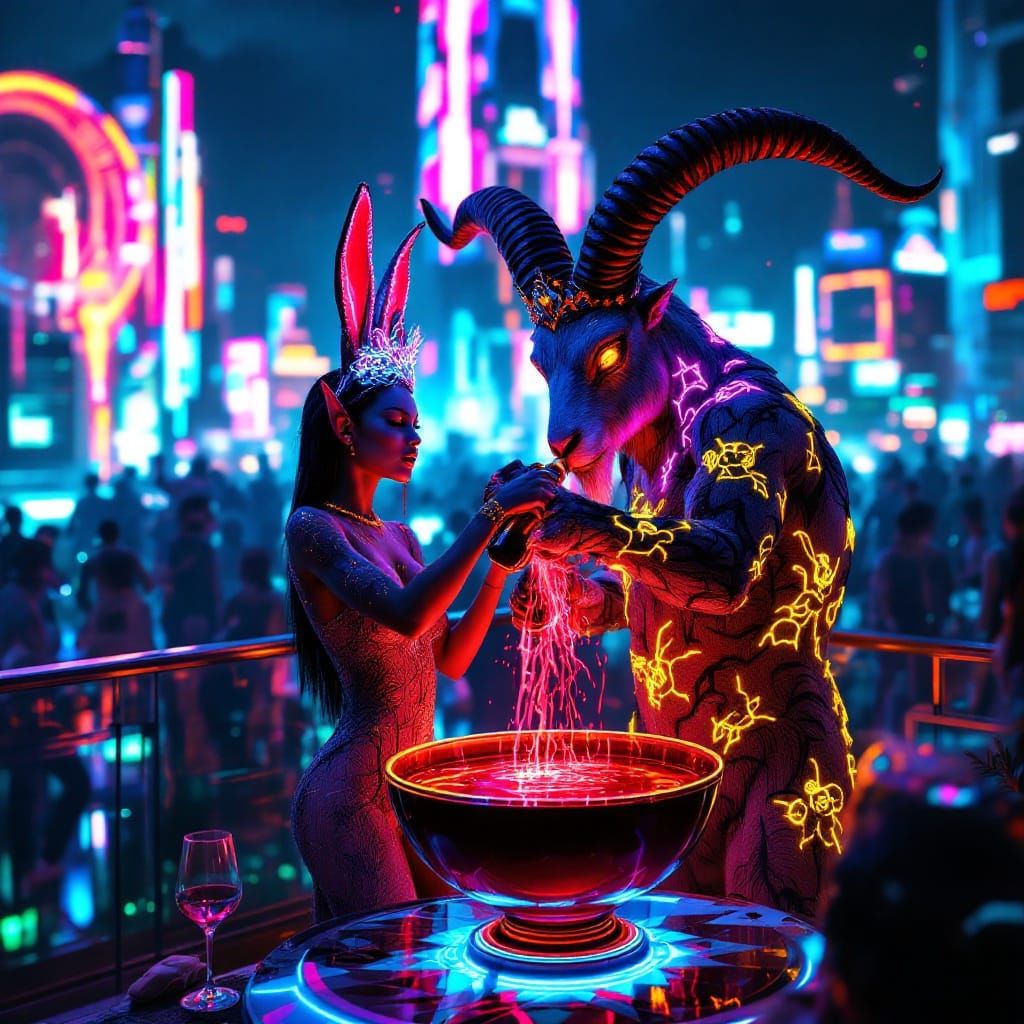 Ethereal Futuristic Party Scene with Goat and Elf
