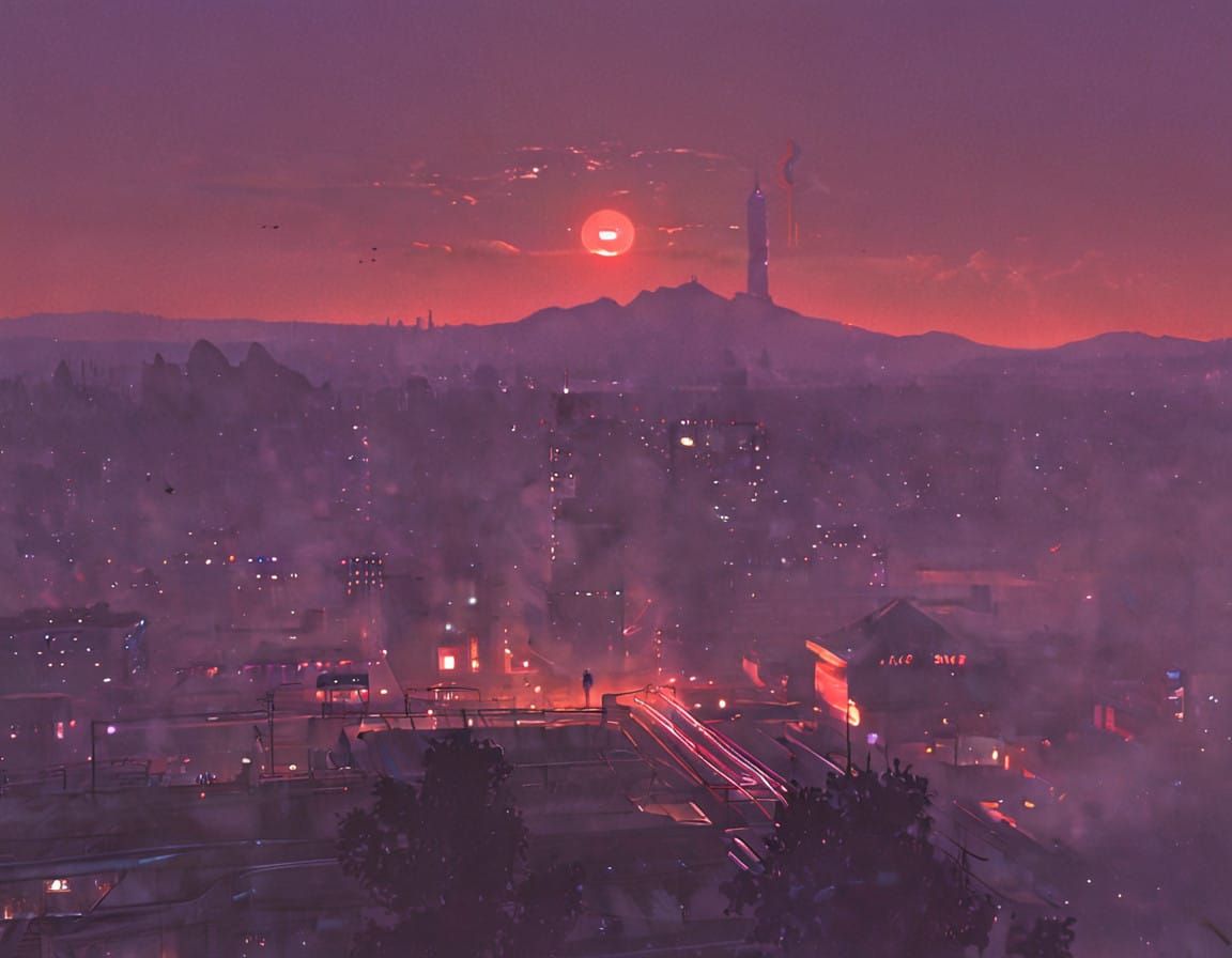 Cyberpunk Sunset over Futuristic Los Santos Mountains