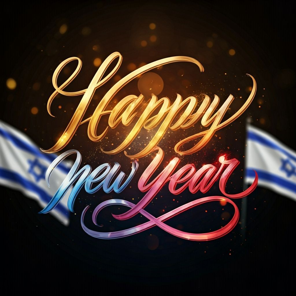 Happy New Year Calligraphy with Israeli Flags