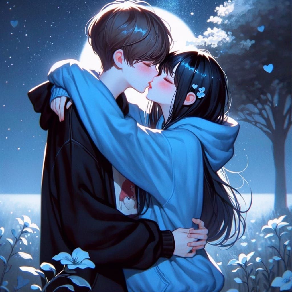 Couple's Tender Embrace Under a Starry Night Sky