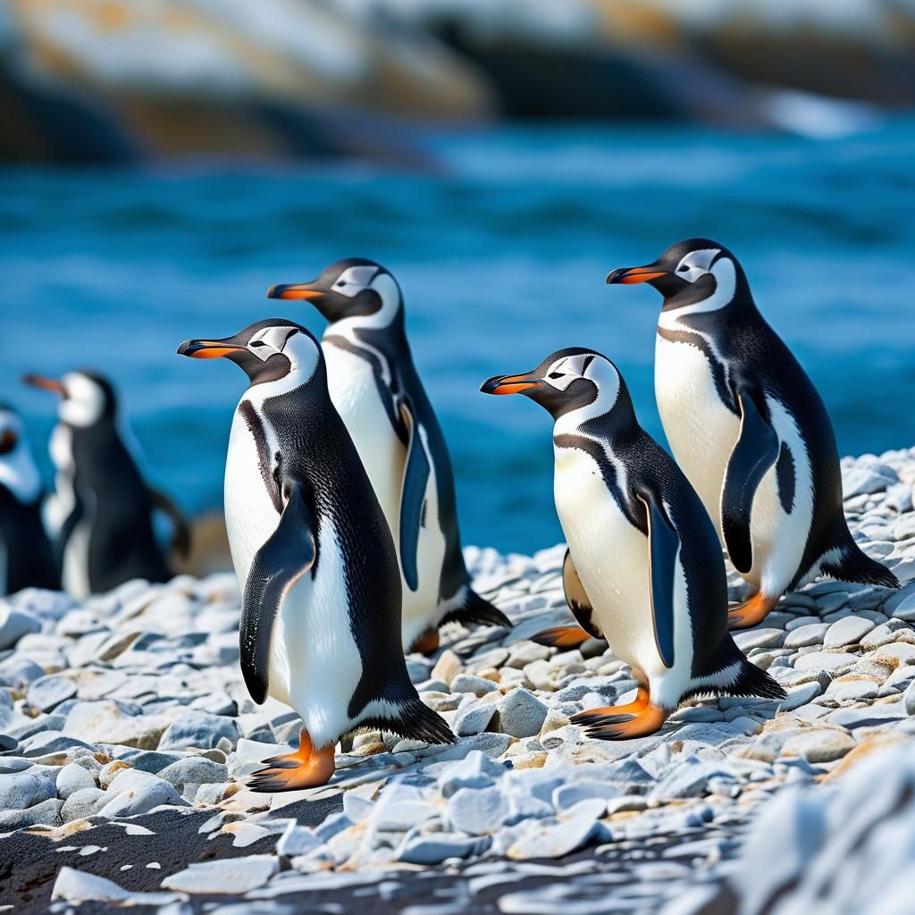 Banded Penguins on Rocky Shoreline: Wildlife Photography
