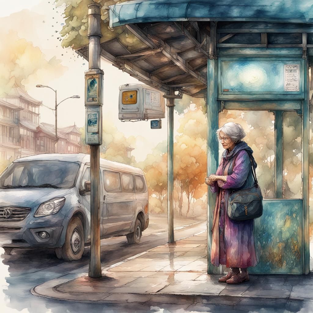Fantasy Watercolor: Old Lady at Bus Stop