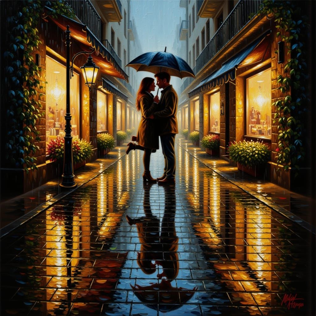 Romantic Couple in Rainy European Town, Impasto Painting