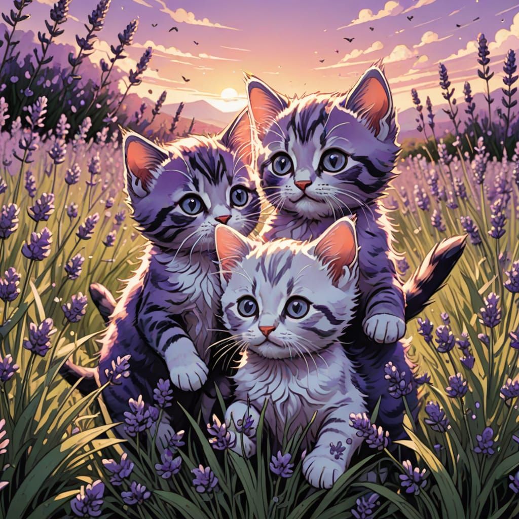 Kittens Play in Lavender Field: Kawaii Comic Art