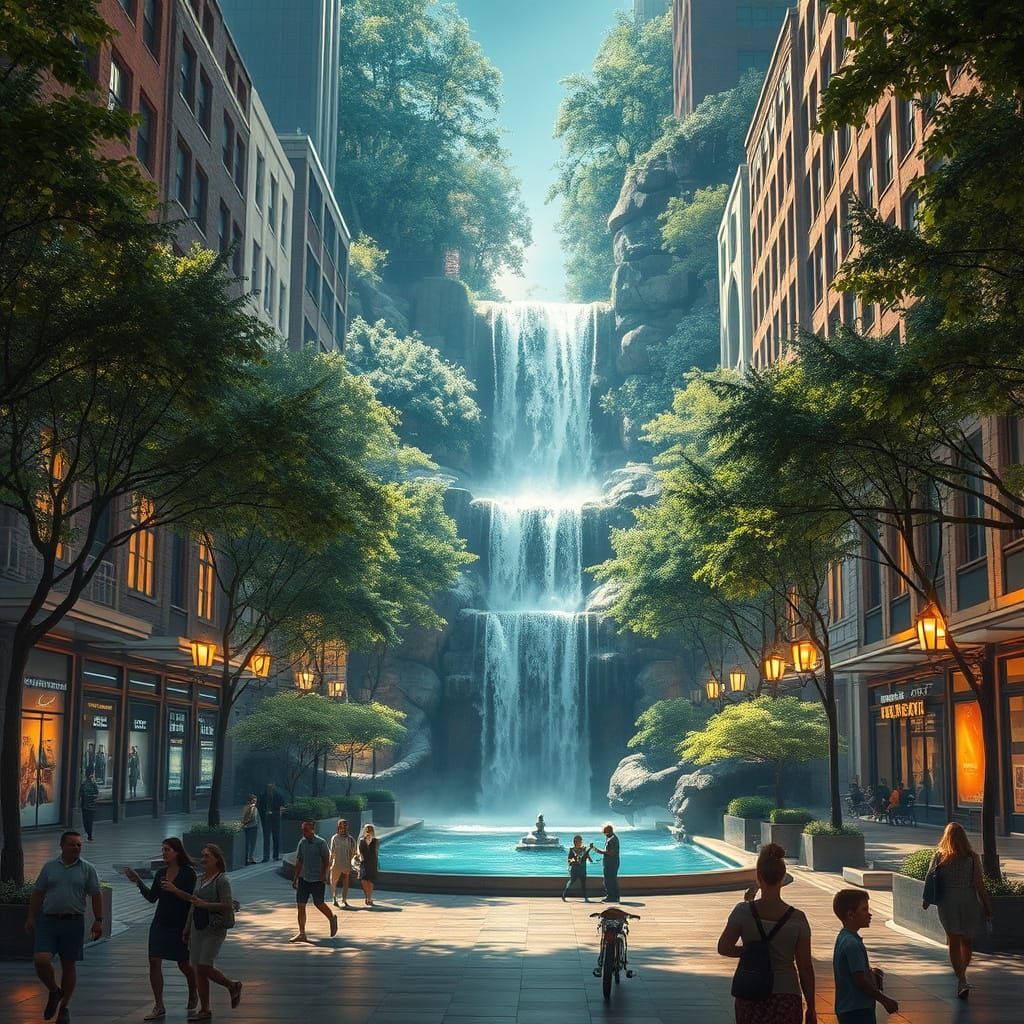 Vibrant City Center Waterfall in Cinematic Style