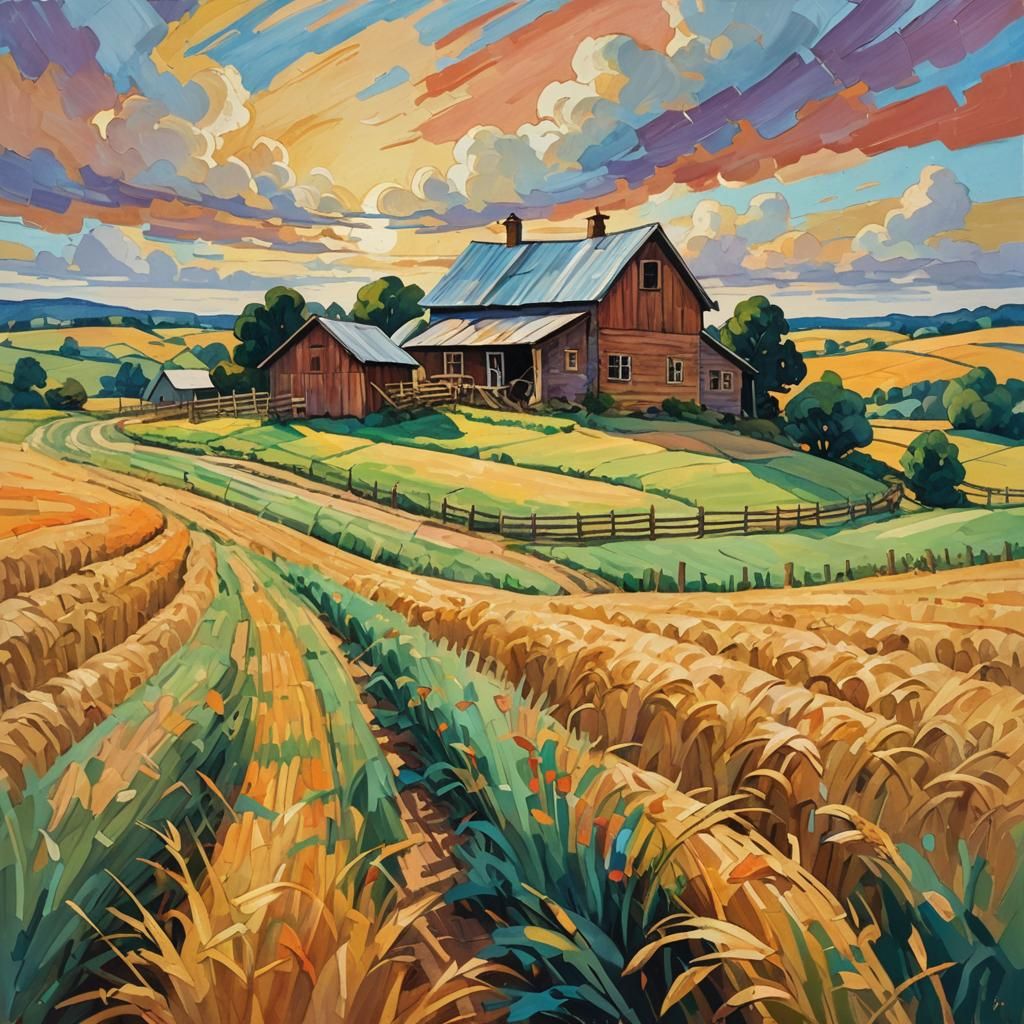 Fauvist Farmhouse Landscape with Impasto Textures