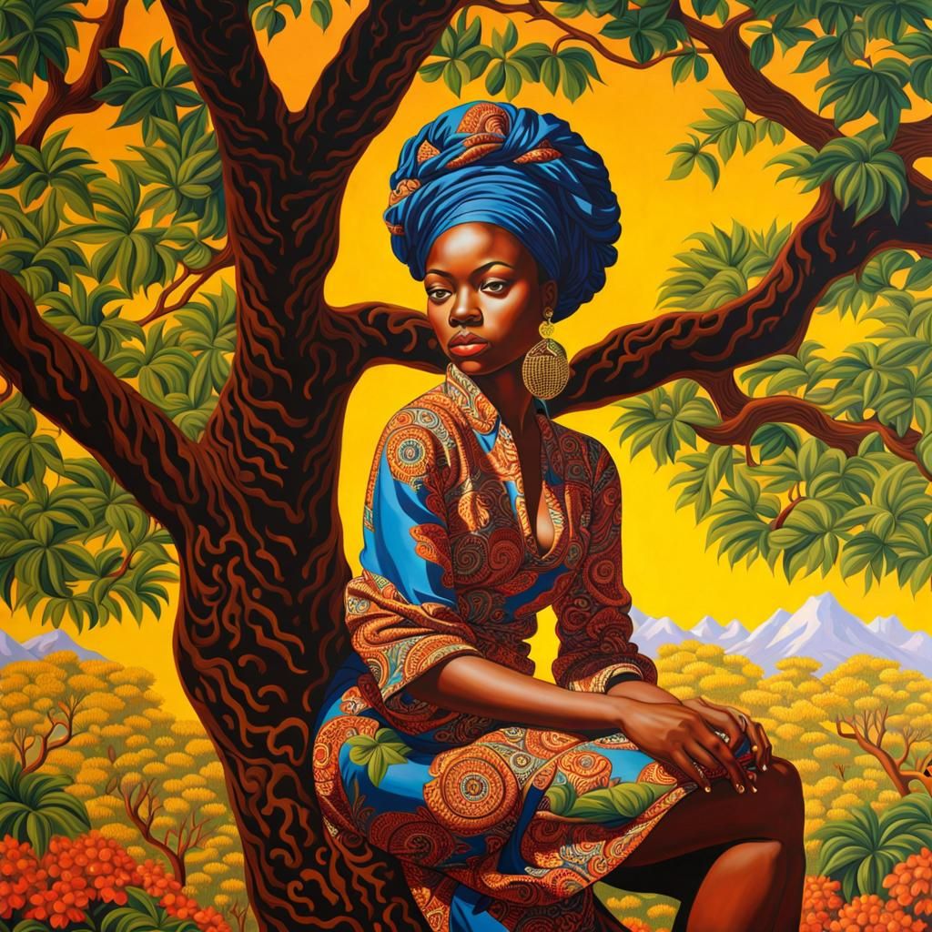 Girl on Tree in Bright, Maximalist Style