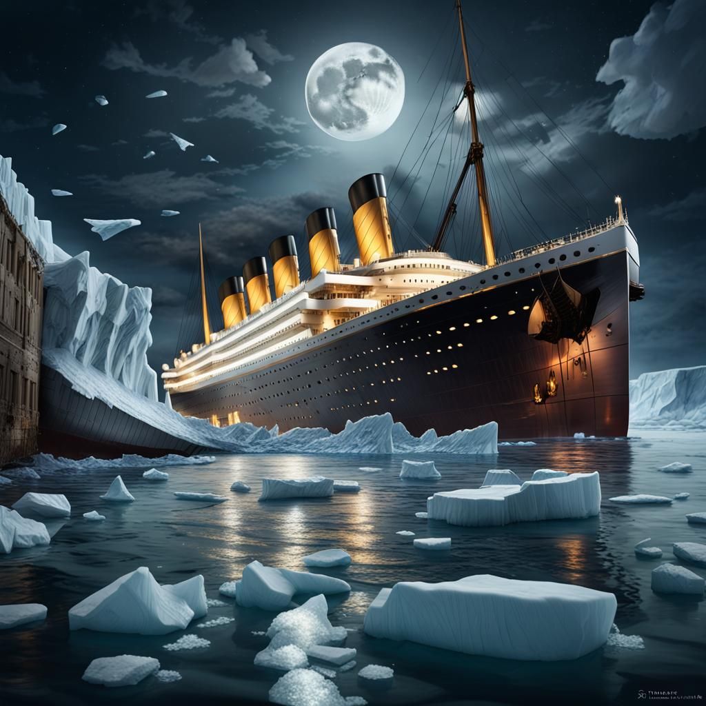 Titanic Sinking in Icy Waters at Night