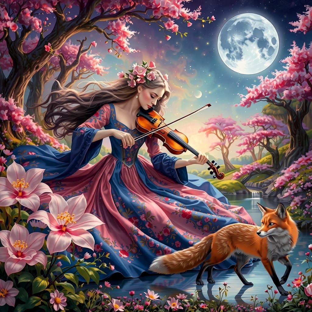 Enchanted Forest Musician Surrounded by Whimsy