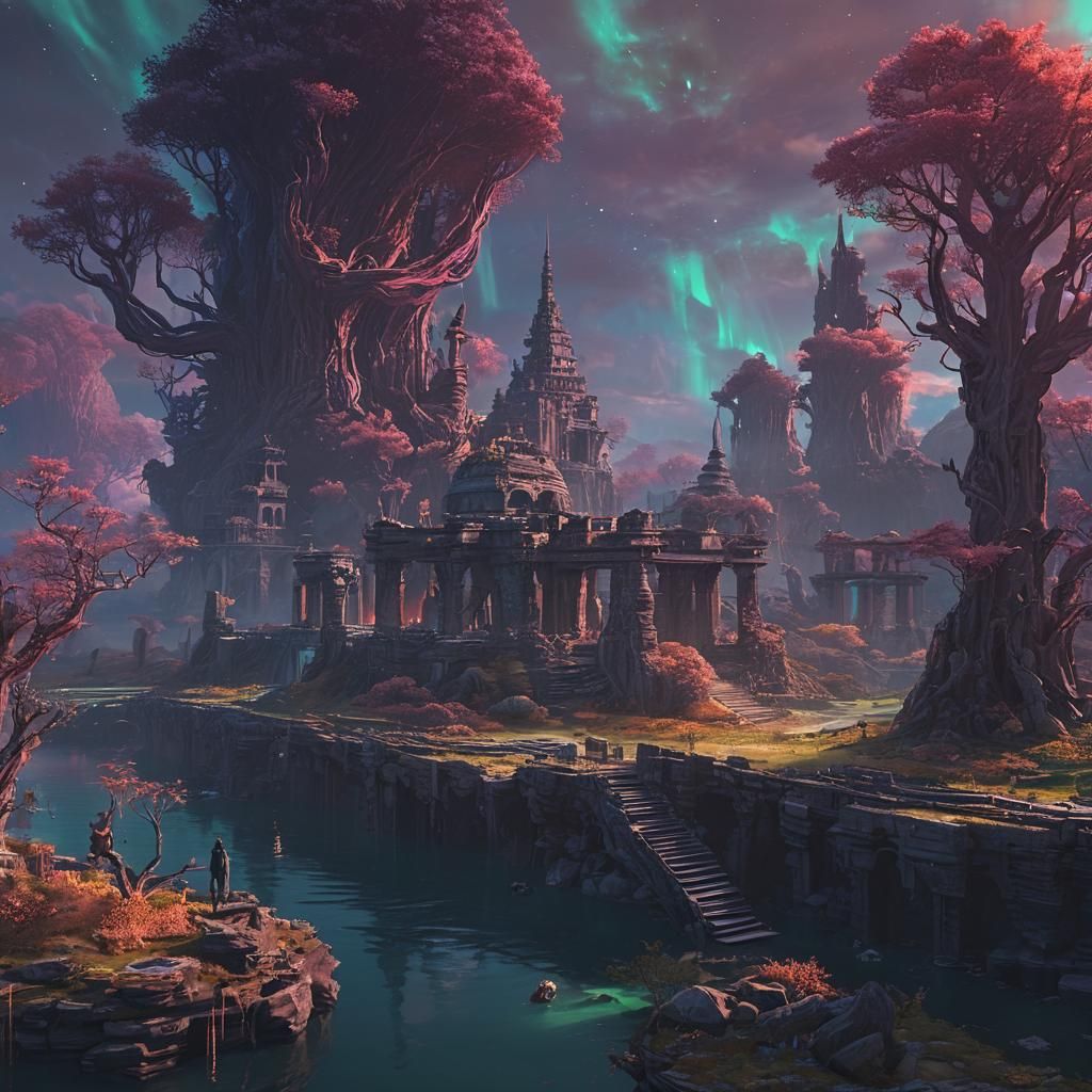 Fantasy Landscape with Floating Islands in 3D