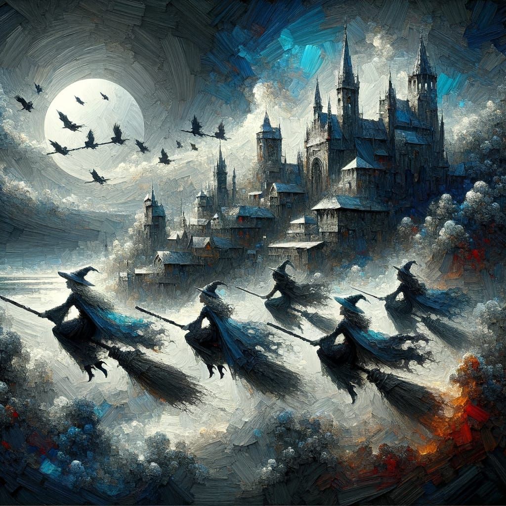 Witches in Flight Towards Medieval City Moonlit