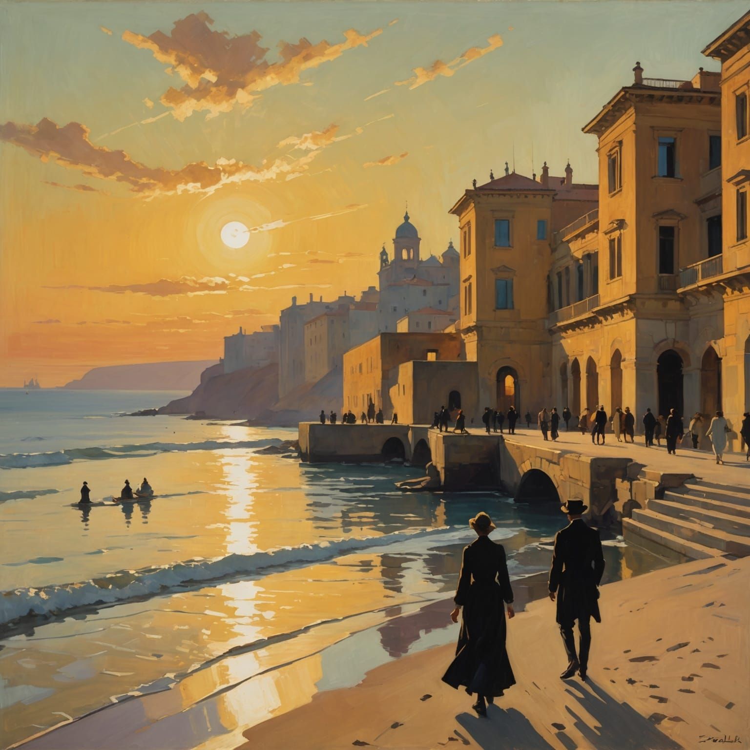 Futuristic Beach at Dusk in Impressionistic Style