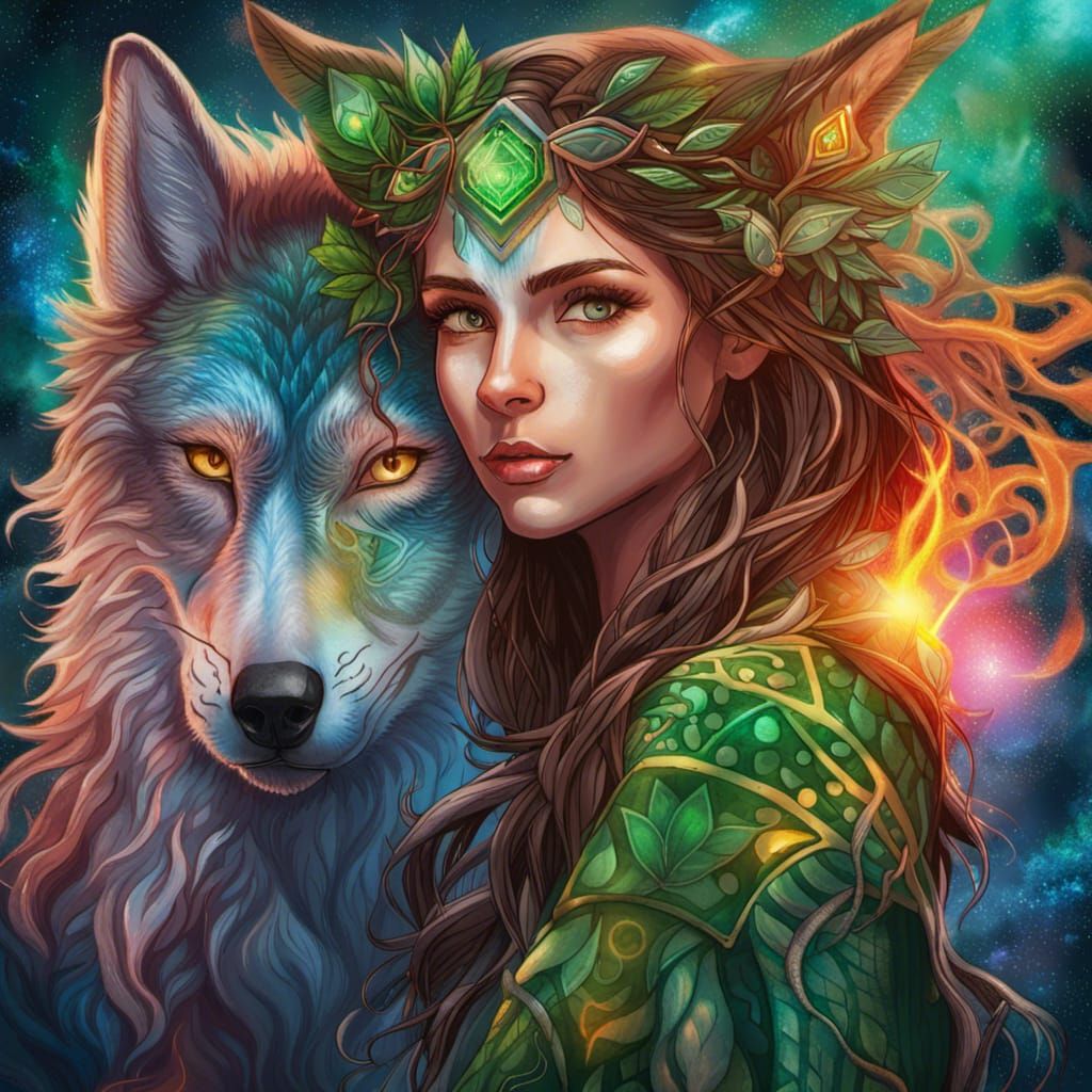 Wood Elf Druid with Fire Wolf, Astral Illustration