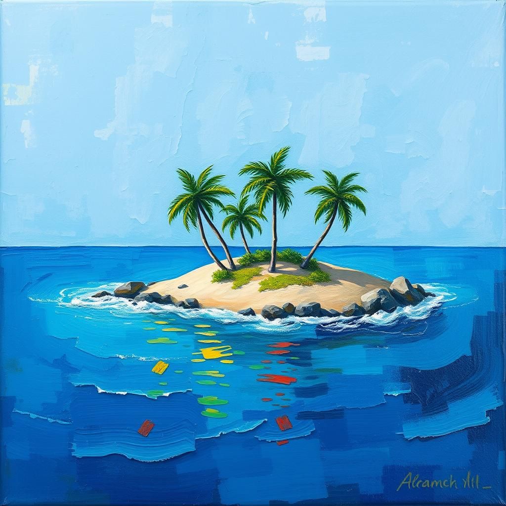 Tropical Island in Neo-Impressionistic Oil Painting Style