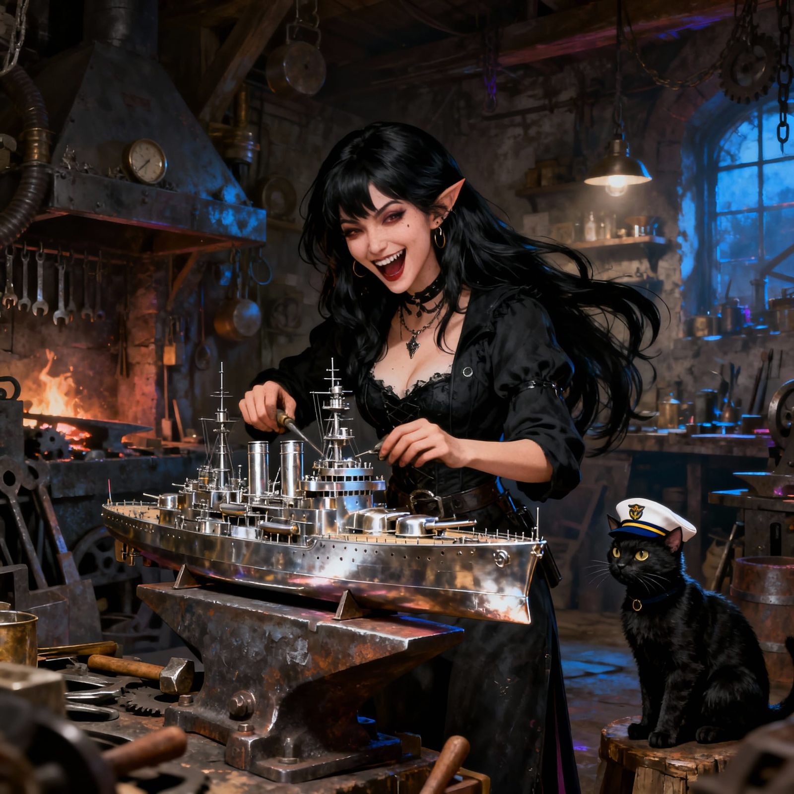 Woman Forges Battleship Model with Cat in Blacksmith Shop