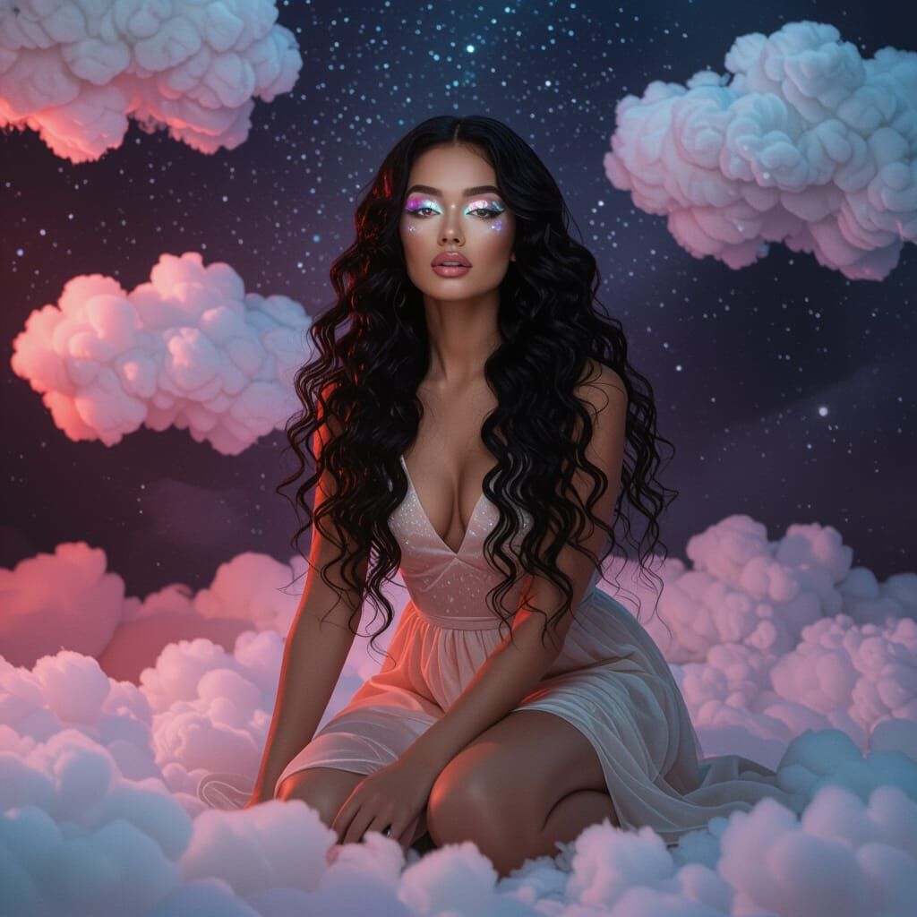 Ethereal Woman on Clouds in Dreamlike Celestial Scene