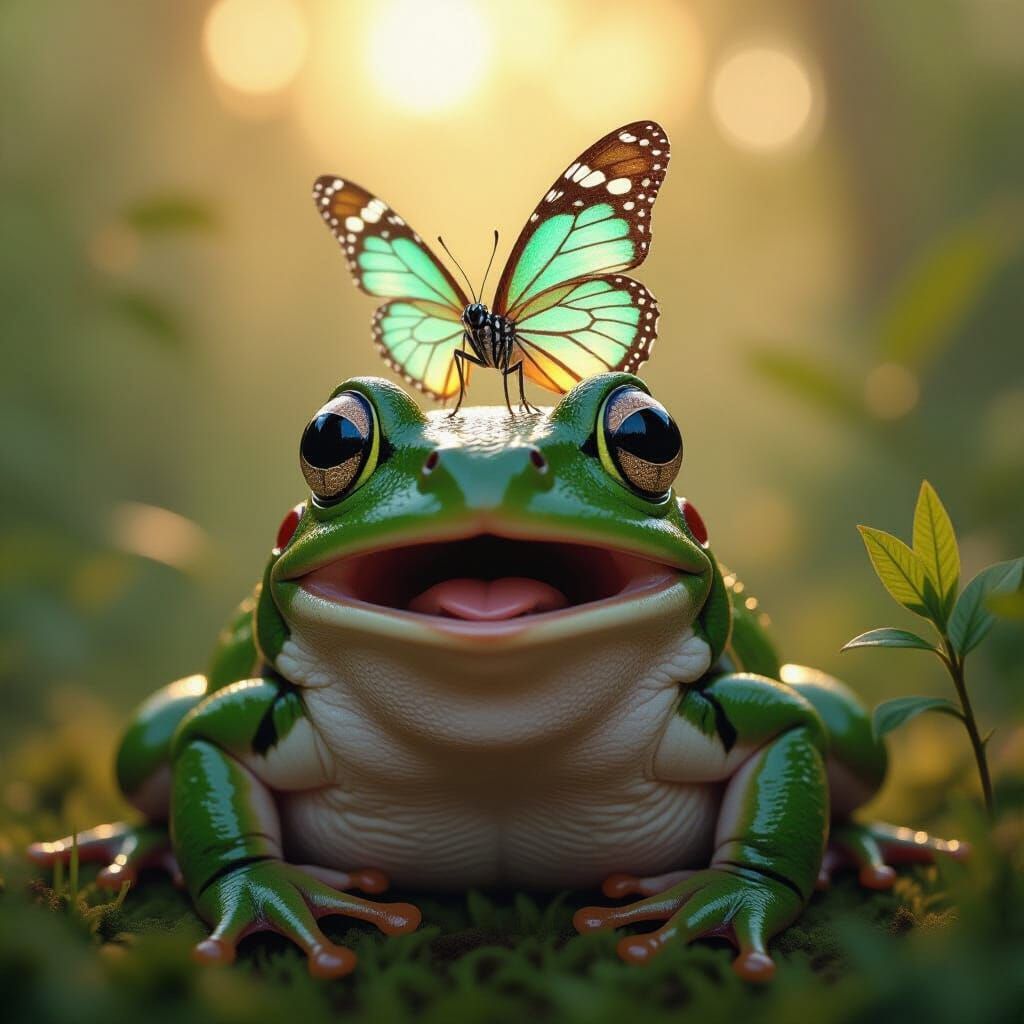 A surprised and shocked frog's face,  with a delicate, iride...