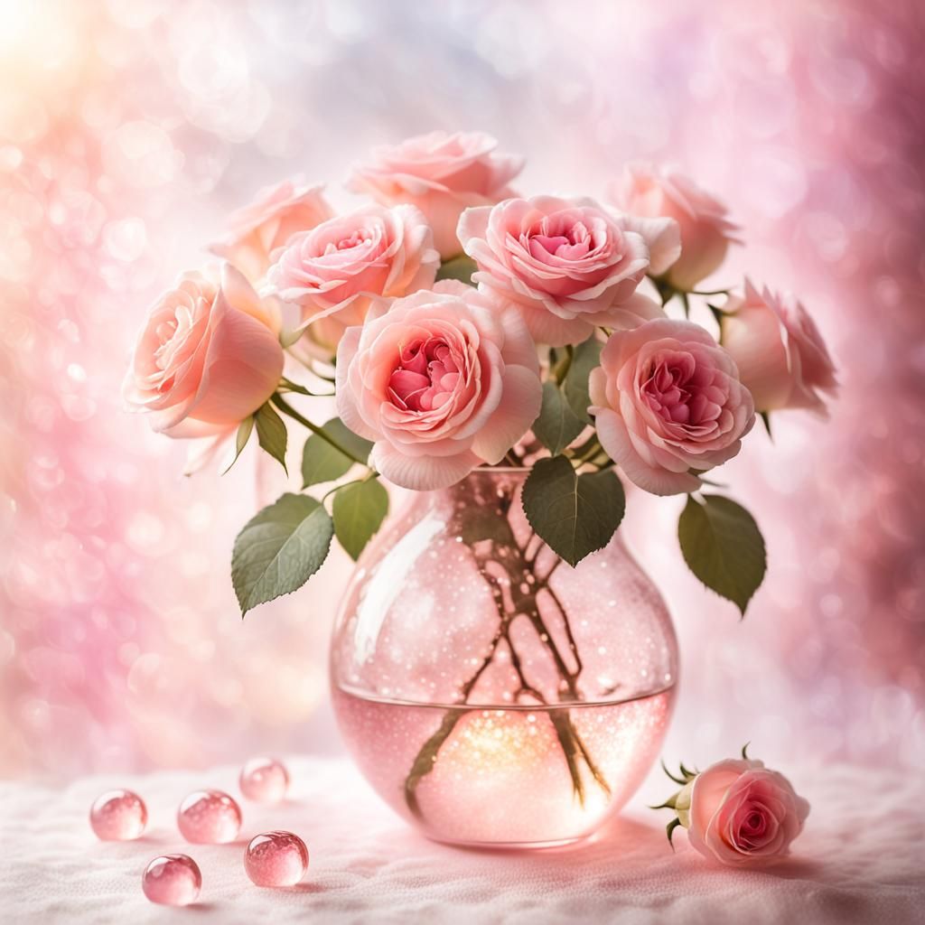 Pink Roses in Bubble Glass: Watercolor Dreamscape