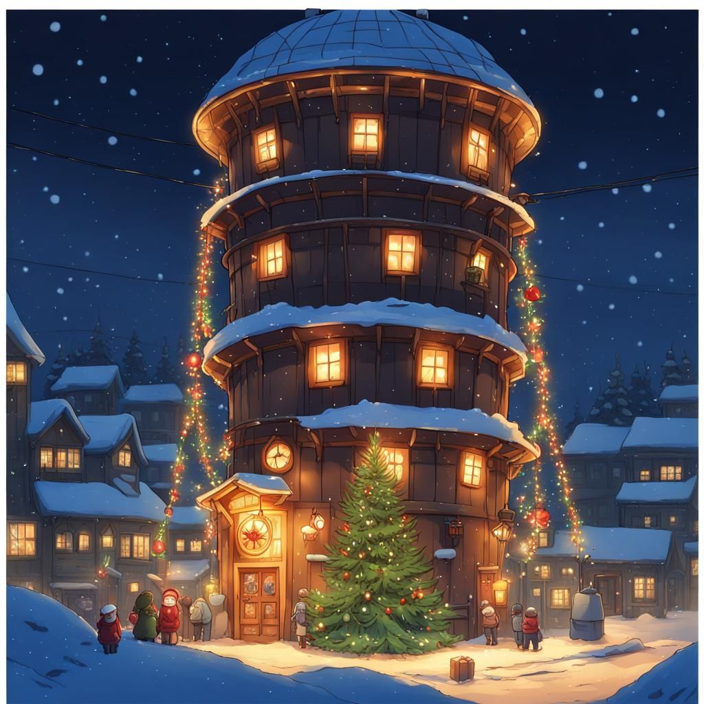 Christmas Water Tower in Studio Ghibli Anime Style
