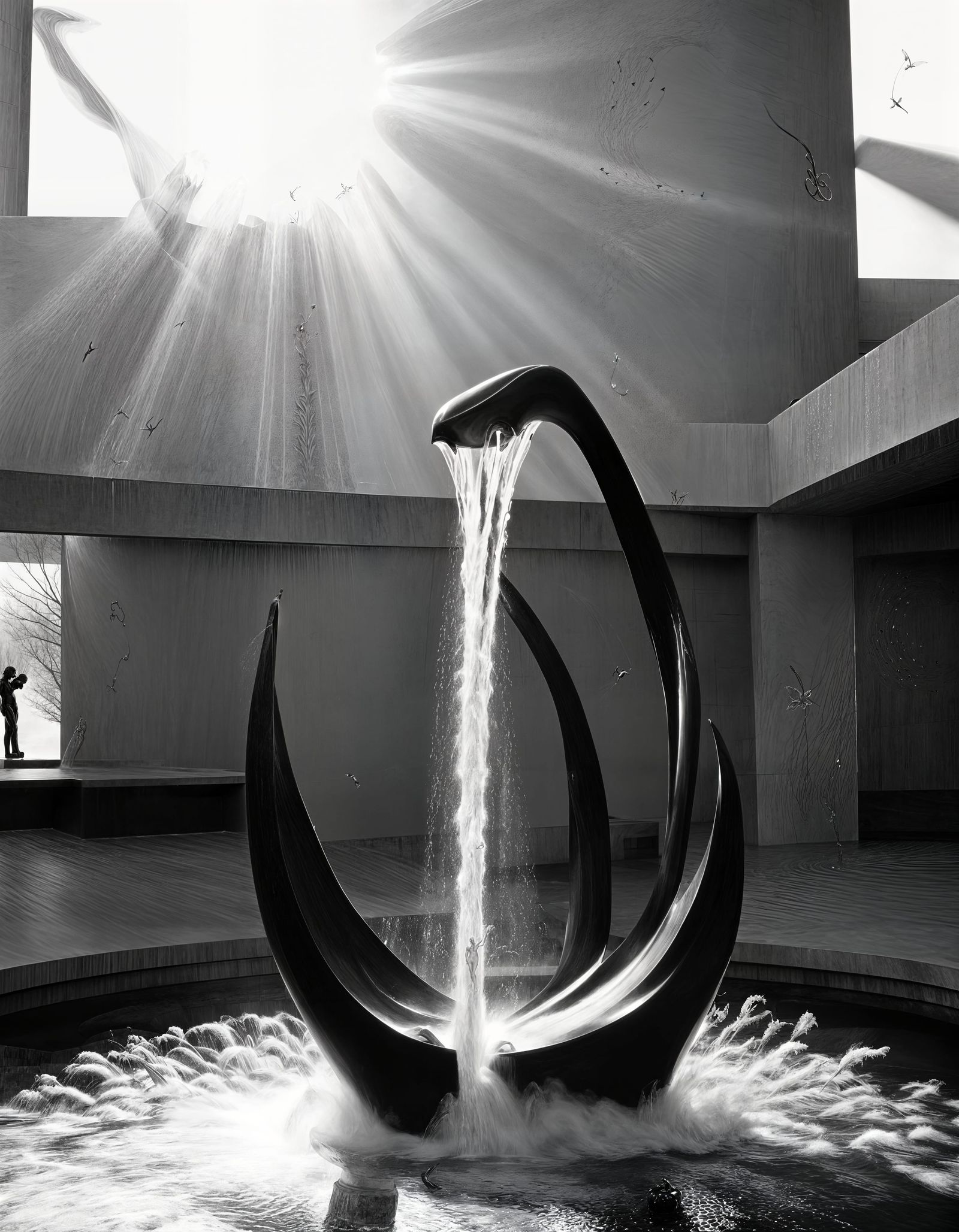 Monochrome Photo of Fountain in Minimalist Lobby