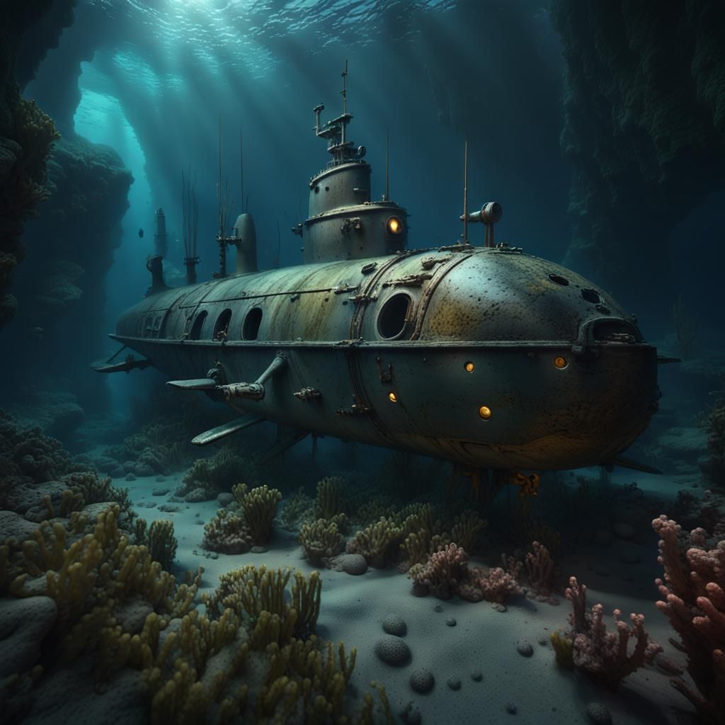 Submarine Explores Underwater Cave in Matte Painting