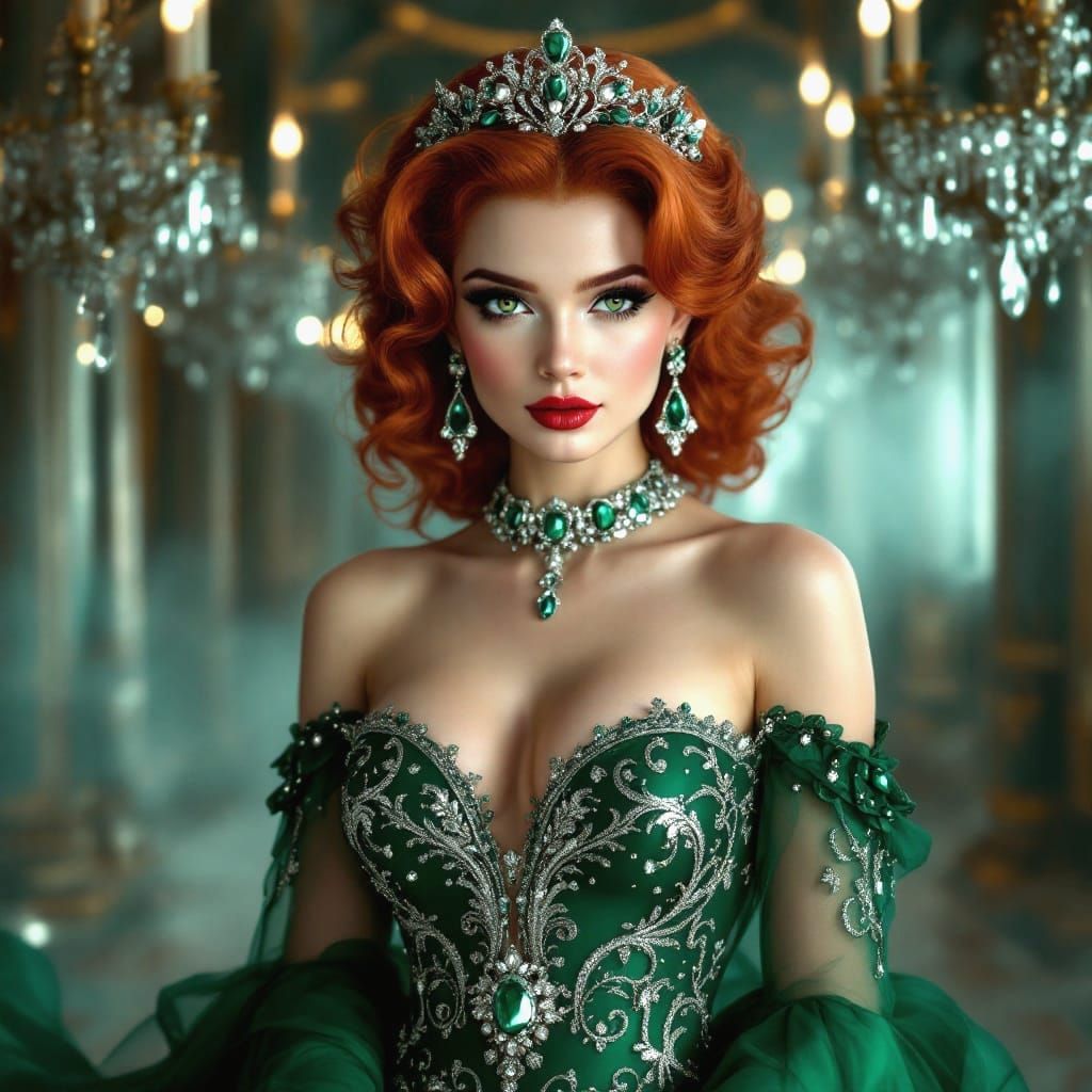 Regal Betty Boop-Inspired Goddess in Emerald Splendor