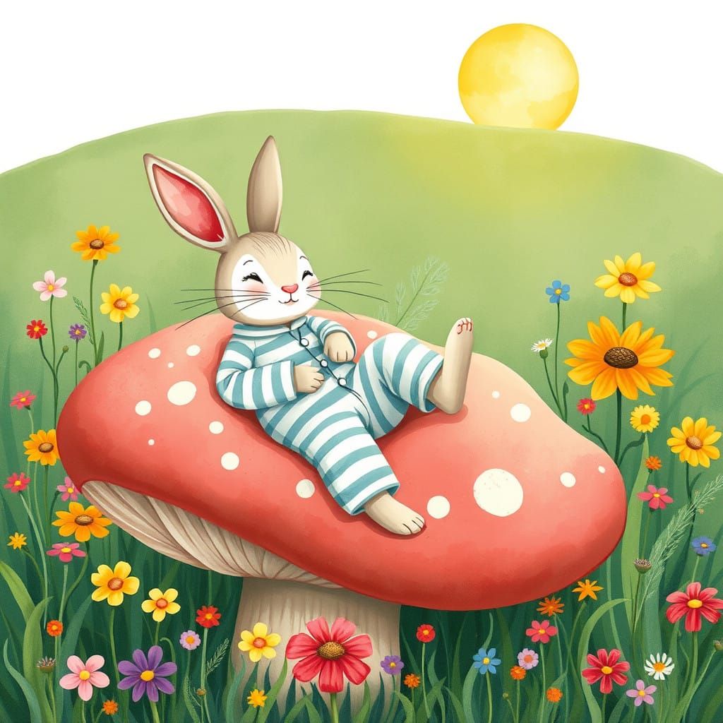 Whimsical Cartoon Rabbit in a Lush Meadow
