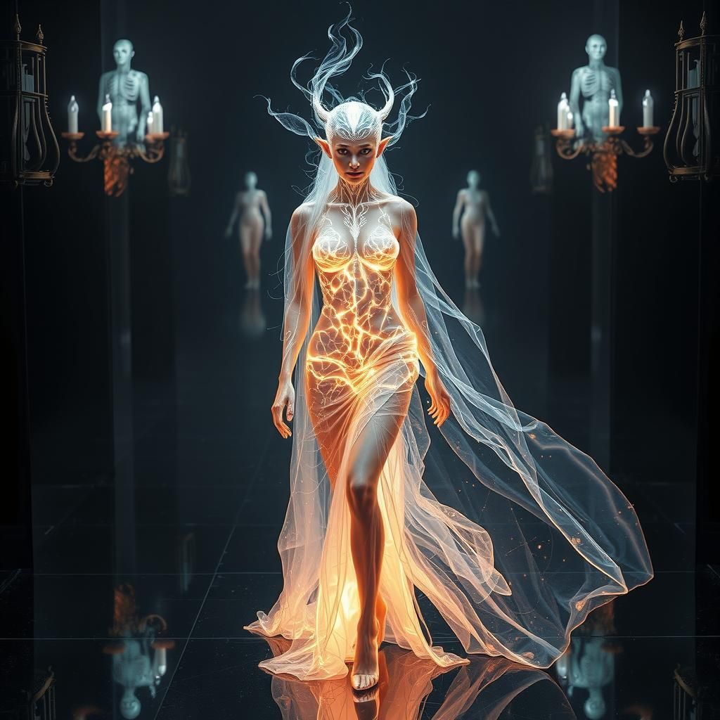Bioluminescent Woman in Mirrored Chamber