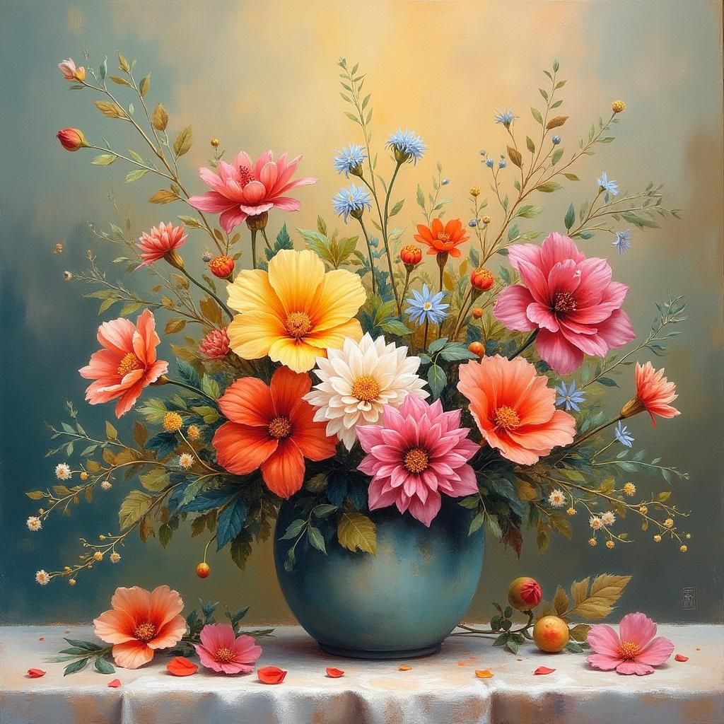 Lush Still Life of Exotic Flowers in Impressionist Style
