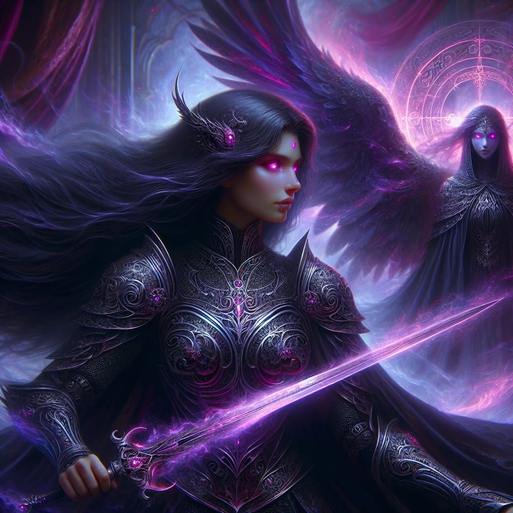 Dark Angel with Mystical Sword in Fantasy Art Style
