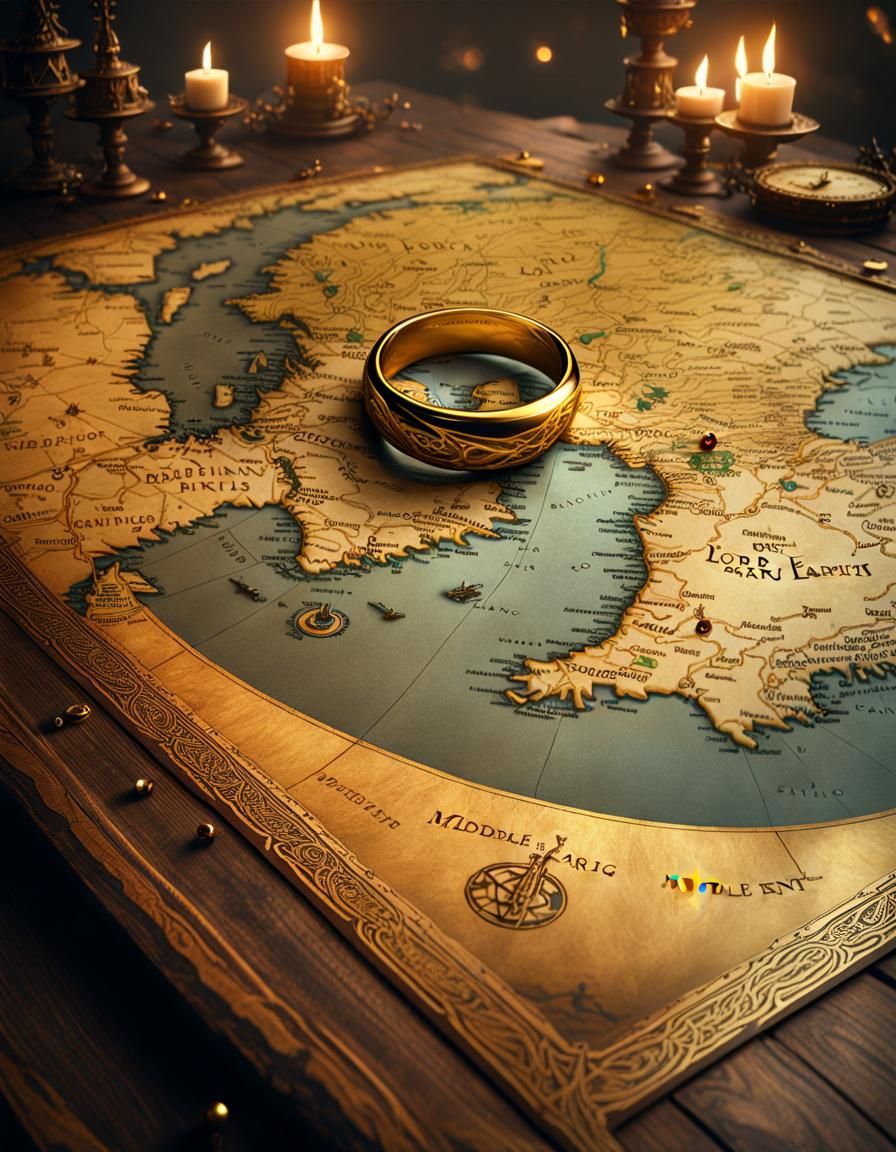 Detailed Map of Middle Earth with Ring and Sword