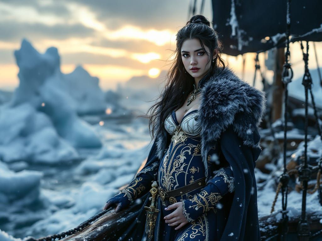 Filipina Sorceress on Black Pearl Deck in Winter Storm