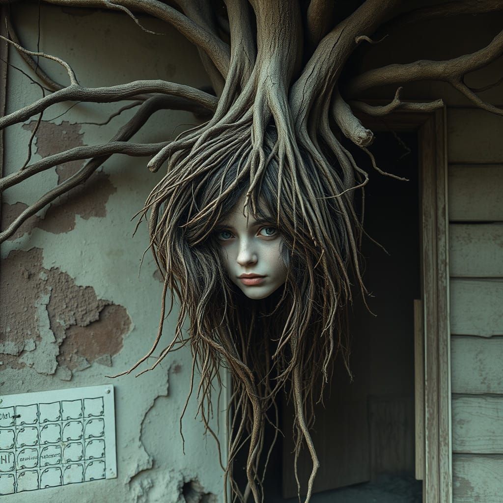 Surreal Abandoned House with Tree Roots and Mysterious Figur...
