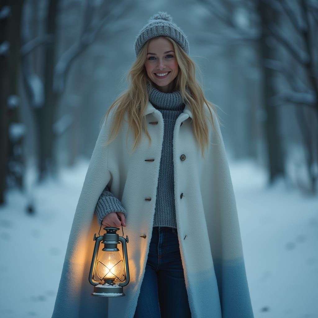 Elegant Woman in Snow Amidst Lantern Light