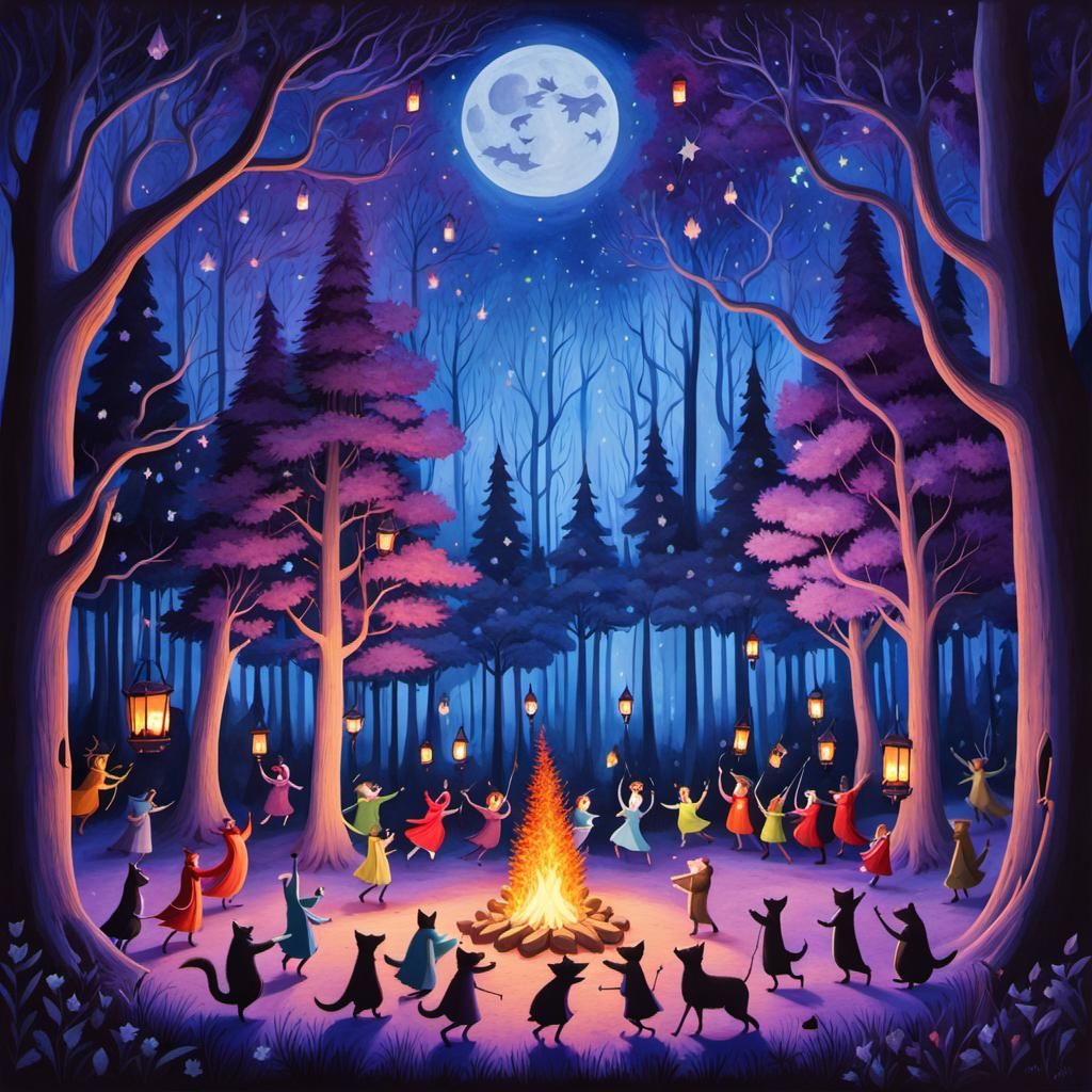 Enchanted Forest Animals' Midnight Party Gouache Painting