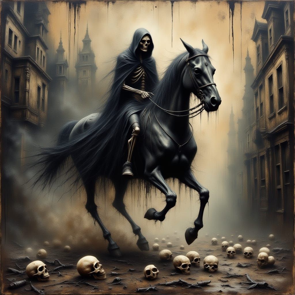 Skeleton Rider in Dark City: Macabre Watercolor