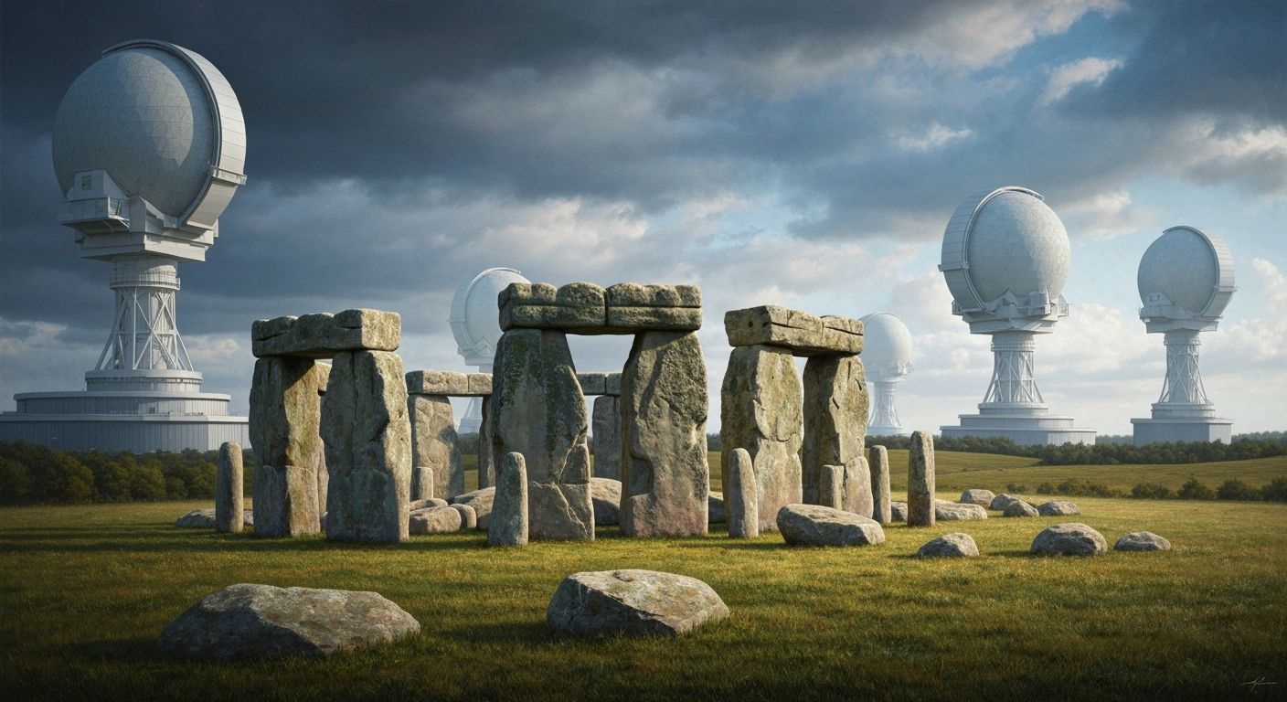Stonehenge Replica in Modern Observatory, Hyperrealistic Oil...