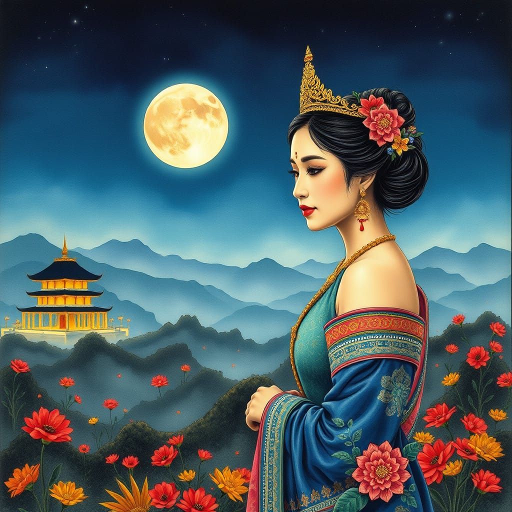Serene Asian Moonlit Goddess in Autumn Night
