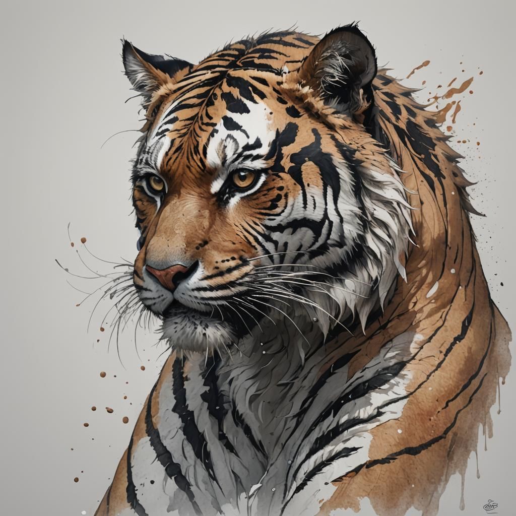 Wild Tiger in India-Ink Painting Style